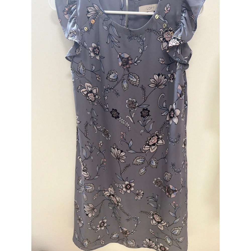 LOFT Floral Flutter Sleeve Shift Dress Blue Pink Gold Button Detail XS - Picture 5 of 5